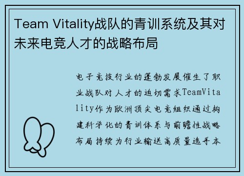 Team Vitality战队的青训系统及其对未来电竞人才的战略布局