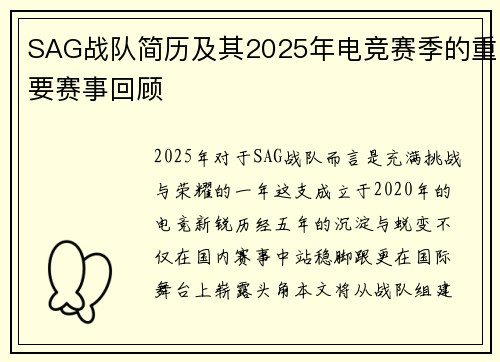 SAG战队简历及其2025年电竞赛季的重要赛事回顾